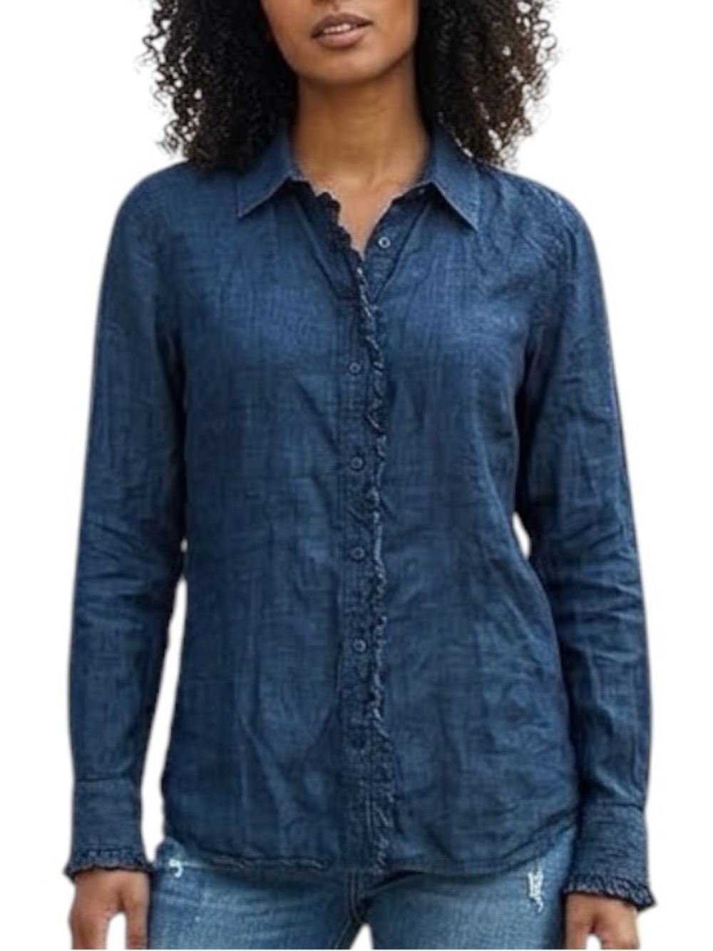 BANANA REPUBLIC Ruffle Front Denim Button Down Shirt Blue Small